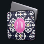 Ikat & Pink Monogram Laptop Sleeve<br><div class="desc">A gift which can be personalised with your monogram inside pink circle at centre.  Background is navy blue and white ikat pattern.</div>