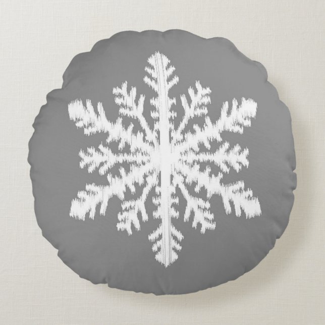 Ikat Snowflake - Charcoal Grey and White Round Cushion (Front)
