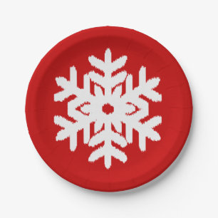 Ikat Snowflake - Dark red and white Paper Plate