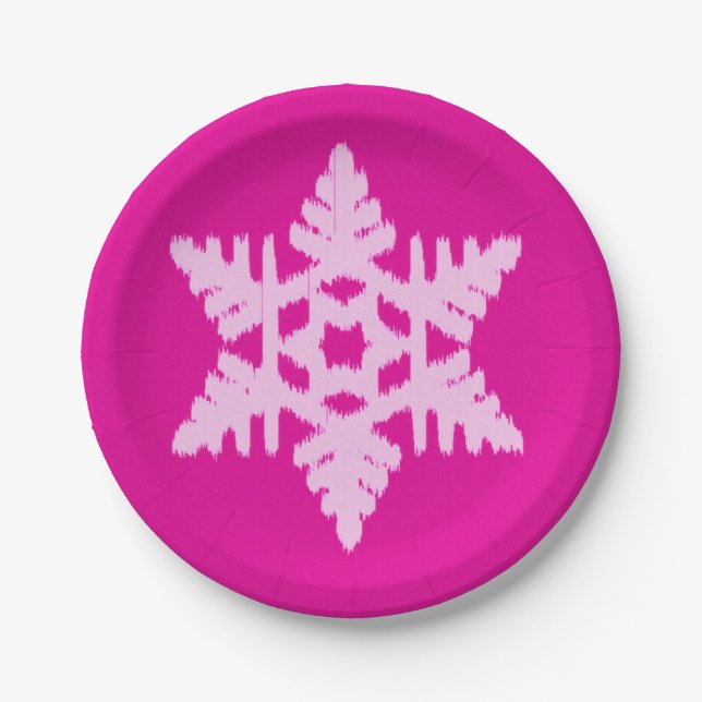 Ikat Snowflake - Fuchsia and ice pink Paper Plate (Front)