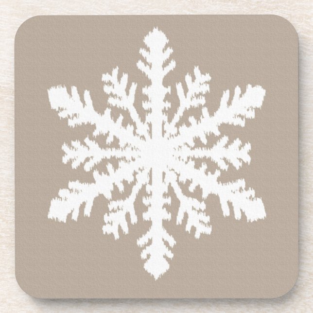 Ikat Snowflake - Taupe tan and white Coaster (Front)