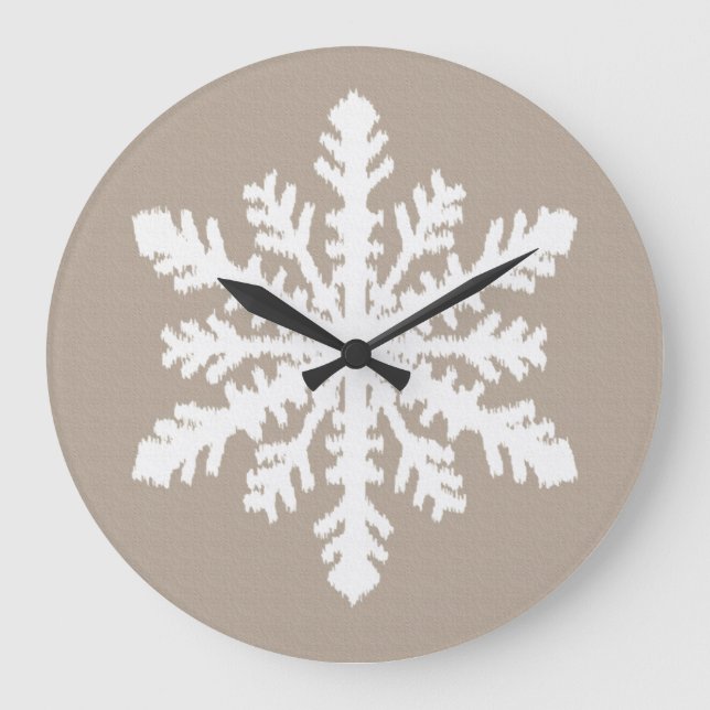 Ikat Snowflake - Taupe tan and white Large Clock (Front)