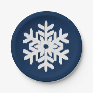 Ikat Snowflake - White and Dark Navy Blue Paper Plate