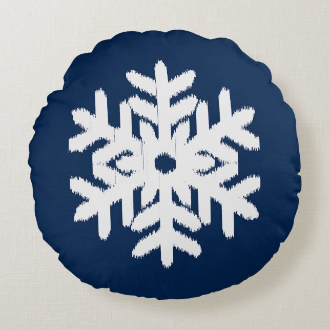 Ikat Snowflake - White and Dark Navy Blue Round Cushion (Front)