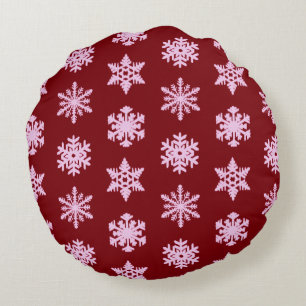 Ikat Snowflakes - Burgundy Wine and Pink Round Cushion