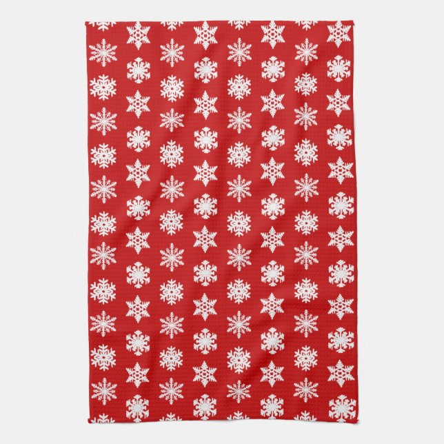 Ikat Snowflakes - Dark red and white Tea Towel (Vertical)