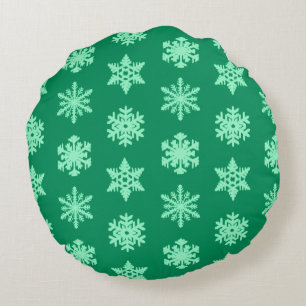 Ikat Snowflakes - Pine and mint green Round Cushion