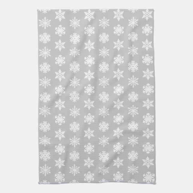 Ikat Snowflakes - Silver grey and white Tea Towel (Vertical)