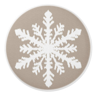 Ikat Snowflakes - Taupe tan and white Ceramic Knob