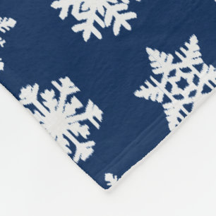 Ikat Snowflakes - White and Dark Navy Blue Fleece Blanket