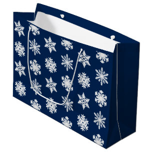 Ikat Snowflakes - White and Dark Navy Blue Large Gift Bag