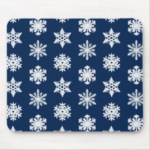 Ikat Snowflakes - White and Dark Navy Blue Mouse Pad