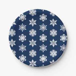 Ikat Snowflakes - White and Dark Navy Blue Paper Plate
