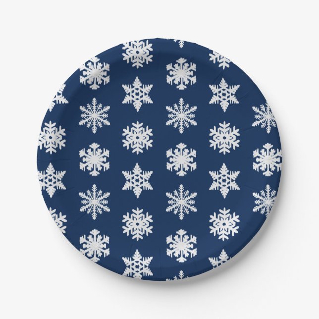 Ikat Snowflakes - White and Dark Navy Blue Paper Plate (Front)