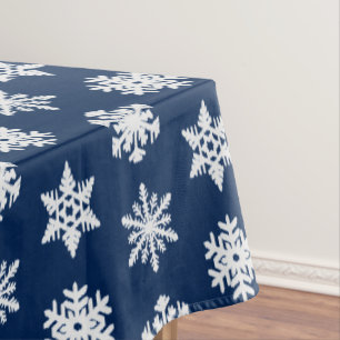 Ikat Snowflakes - White and Dark Navy Blue Tablecloth