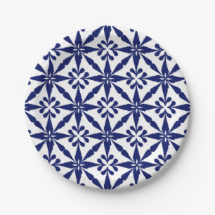 Ikat Star Pattern - Navy Blue and White Paper Plate