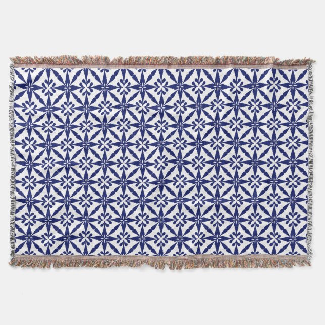 Ikat Star Pattern - Navy Blue and White Throw Blanket (Front)