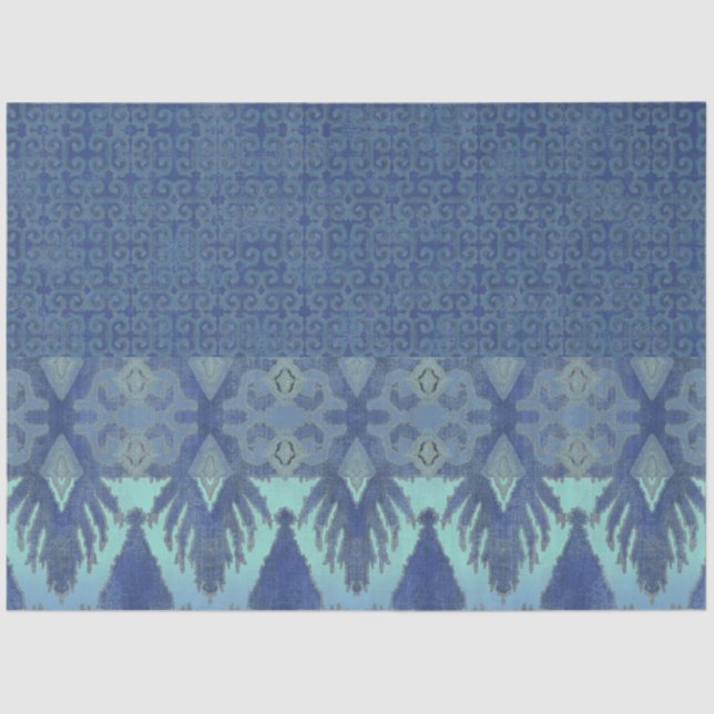 IKAT Tribal Pattern Navy Turquoise Blue Decoupage Tissue Paper (Front)