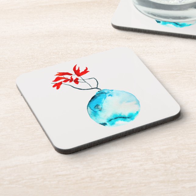Ikebana blue vase watercolor art coaster (Left Side)