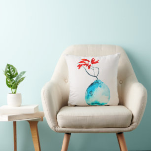 Ikebana blue vase watercolor art cushion