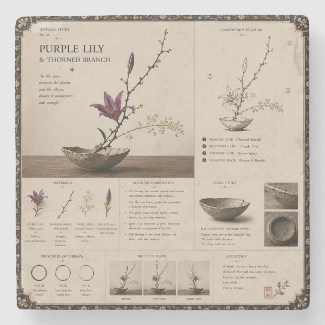 Ikebana Study No. 26 Purple Lily & Thorn Stone Coaster (Front)