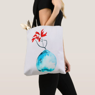 Ikebana watercolor blue vase tote bag