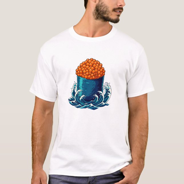 Ikura Gunkan Maki Sushi Japanese Ocean Wave Art T-Shirt (Front)