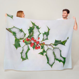Ilex Red Christmas Holly Berries in Winter Snow -- Fleece Blanket