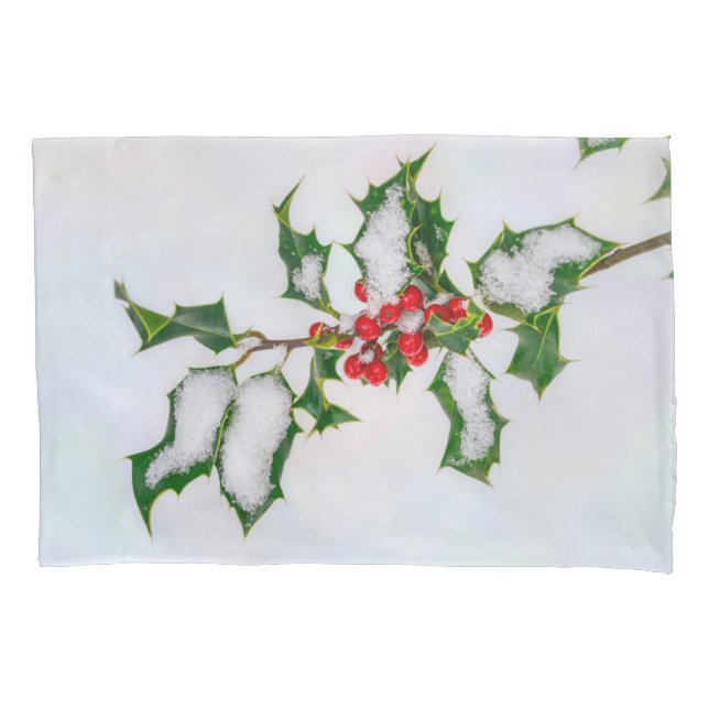 Ilex Red Christmas Holly Berries in Winter Snow -- Pillowcase (Front)