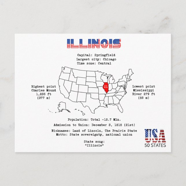 Illinois American state on a map and useful info Holiday Postcard (Front)