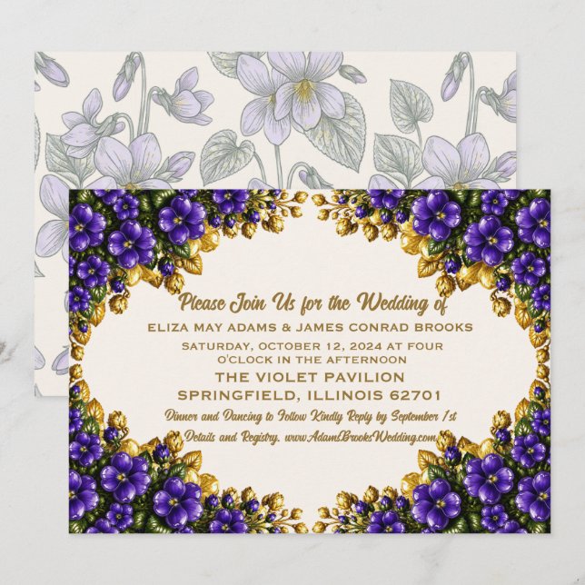 Illinois Blue Violet  Floral Wedding Invitation (Front/Back)