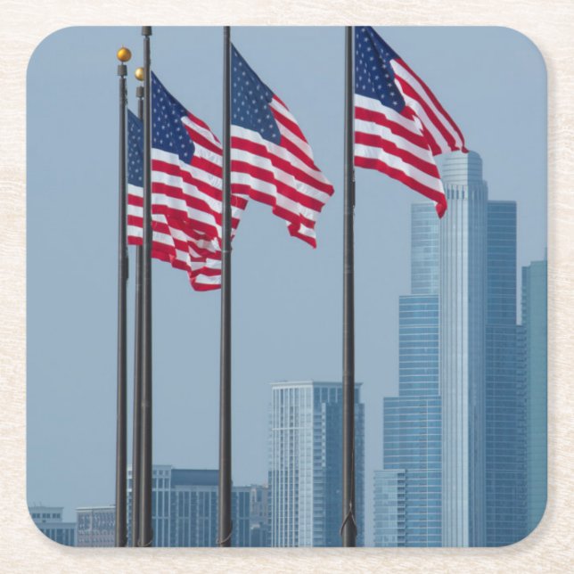 Illinois, Chicago. Navy Pier, US flags flying Square Paper Coaster (Front)