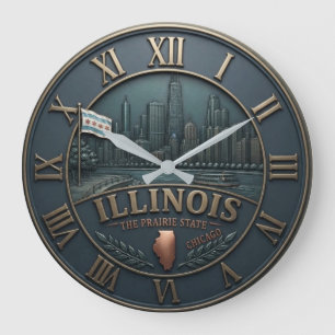 Illinois Chicago Skyline The Prairie State Large Clock
