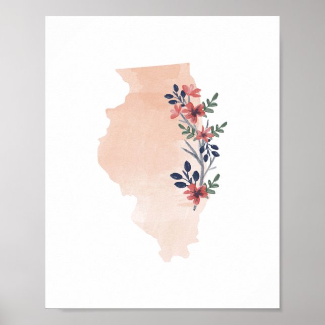 Illinois Floral Watercolor State Poster (Front)