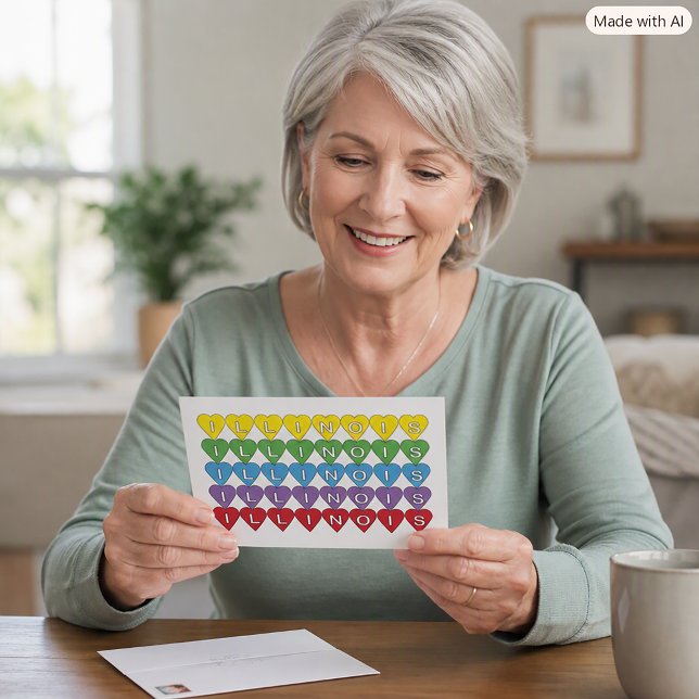Illinois Heart Pattern Colourful State Pride Desig Postcard (A postcard of colorful rainbow hearts with the word Illinois.)