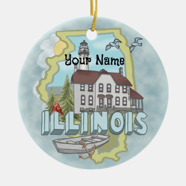 Illinois Lighthouse custom name Ceramic Tree Decoration (Front)