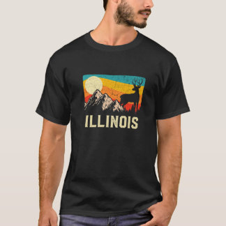Illinois Nature Wild Deer Retro Sunset Hiking T-Shirt