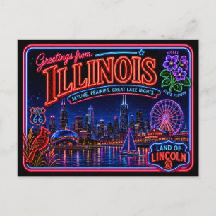 Illinois Neon State Retro Vintage Postcard