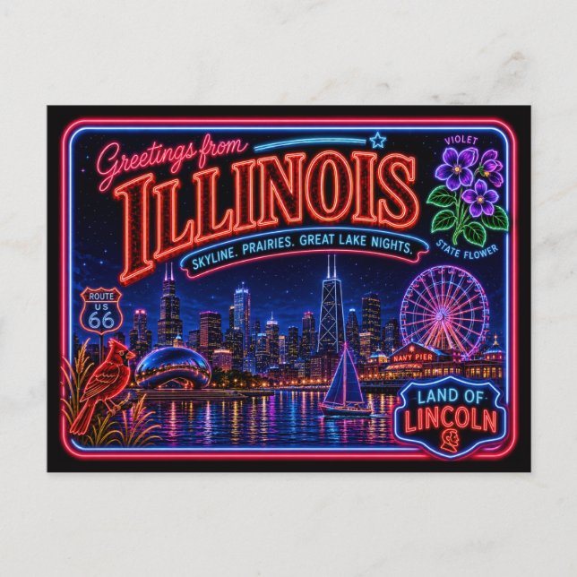 Illinois Neon State Retro Vintage Postcard (Front)