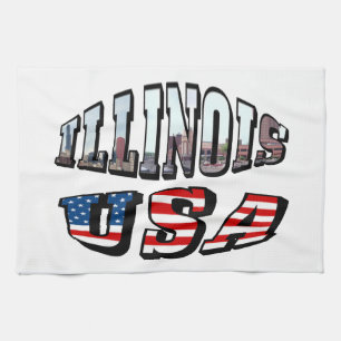 Illinois Picture and USA Flag Text Tea Towel