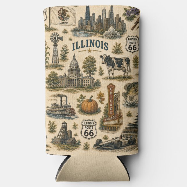 Illinois Route 66 Skyline Chill Seltzer Can Cooler (Front)