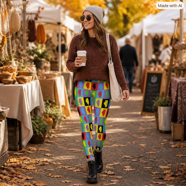 Illinois State Pride Pop Art Pattern Leggings (A pair of leggings with a pop art pattern of the US state of Illinois.)
