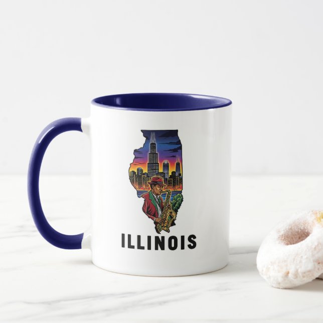Illinois State Tattoo Style Skyline Jazz Saxophone Mug (With Donut)