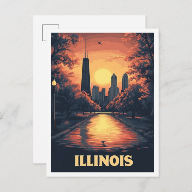 Illinois USA Art Vintage Illustration Travel Postcard (Front/Back)