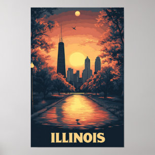 Illinois USA Art Vintage Illustration Travel Poster