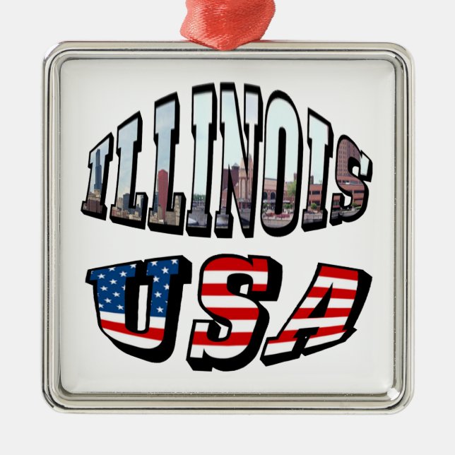 Illinois USA Flag & State Photo Text Metal Tree Decoration (Front)