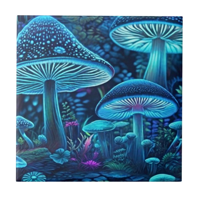 Illuminate Your Space with Magic Blue Mushrooms Tile (Front)