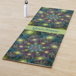 Illuminated abstract blue purple Fractal Art Name Yoga Mat