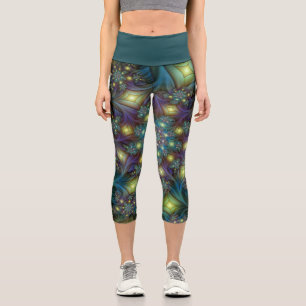 Illuminated Abstract Shiny Teal Purple Fractal Art Capri Leggings