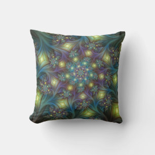 Illuminated Abstract Shiny Teal Purple Fractal Art Cushion